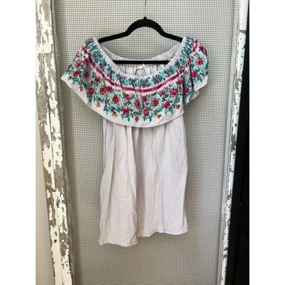 Altar'd State Womens Top Floral Embroidered Light Blue Off the Shoulder Boho‎ M